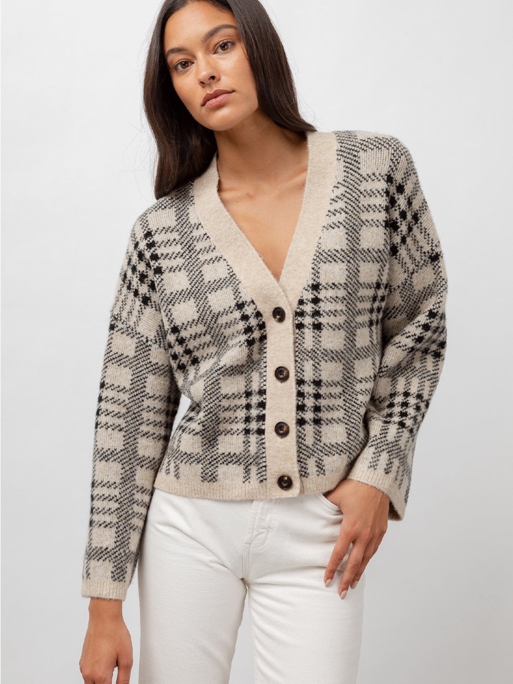 Rails Beige and Black Plaid V-Neck Button Cardigan
